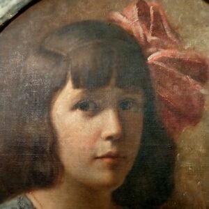 antico ritratto tondo olio su tela ragazza con fiocco